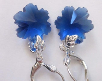 Dark Blue Crystal Snowflake Earrings, Winter Dangle Earrings, Blue Glass, Silver Leverback, Winter Snowflake