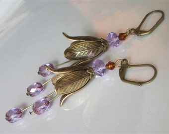 Brass Flower Earrings, Bohemian Wedding Chandelier Earrings, Etched Brass Tulip, Lavender Czech Glass, Purple Wedding