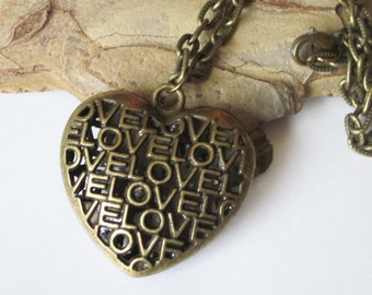 Heart Necklace, LOVE Heart Pendant,  Large Heart Necklace, Hollow Bronze Heart, Sturdy Antiqued Bronze Chain