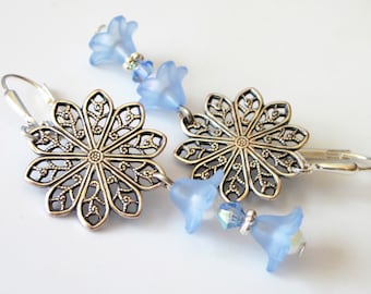 Silver Filigree Flower Earrings, Blue Flower Jewelry, Bluebell Dangle