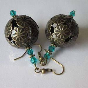 Art Deco Earrings, Filigree Hollow Metal Ball Earrings, Large Brass Balls, Antiqued Brass Beaded Dangle