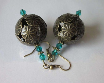 Art Deco Earrings, Filigree Hollow Metal Ball Earrings, Large Brass Balls, Antiqued Brass Beaded Dangle