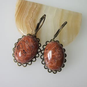 Jasper Earrings, Red Jasper, Gemstone Dangle Earrings, Unique Stone Jewelry, Oval Stone, Antiqued Brass Leverback Ear Wires image 10