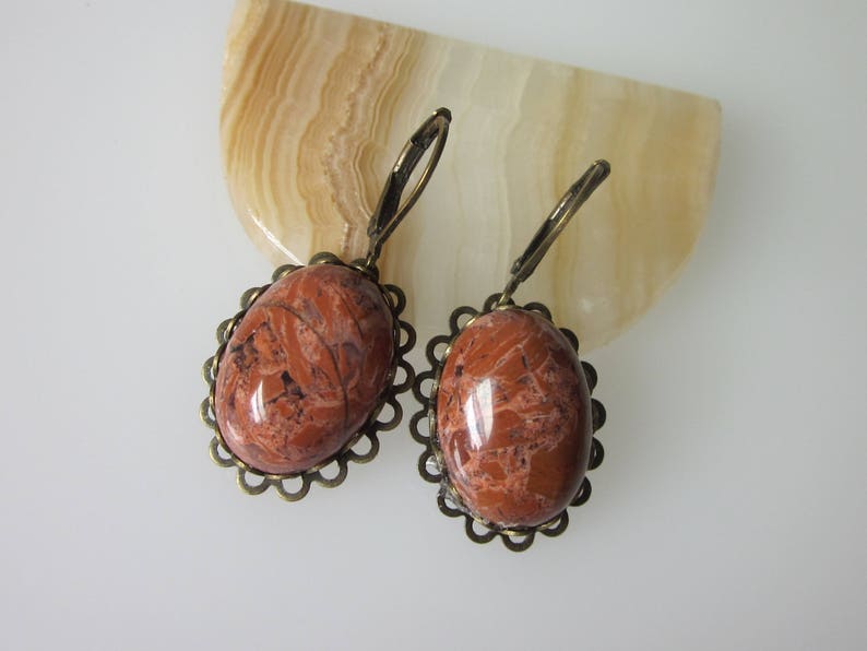 Jasper Earrings, Red Jasper, Gemstone Dangle Earrings, Unique Stone Jewelry, Oval Stone, Antiqued Brass Leverback Ear Wires image 10