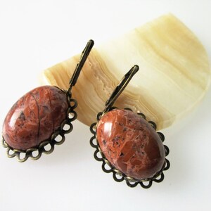 Jasper Earrings, Red Jasper, Gemstone Dangle Earrings, Unique Stone Jewelry, Oval Stone, Antiqued Brass Leverback Ear Wires image 5