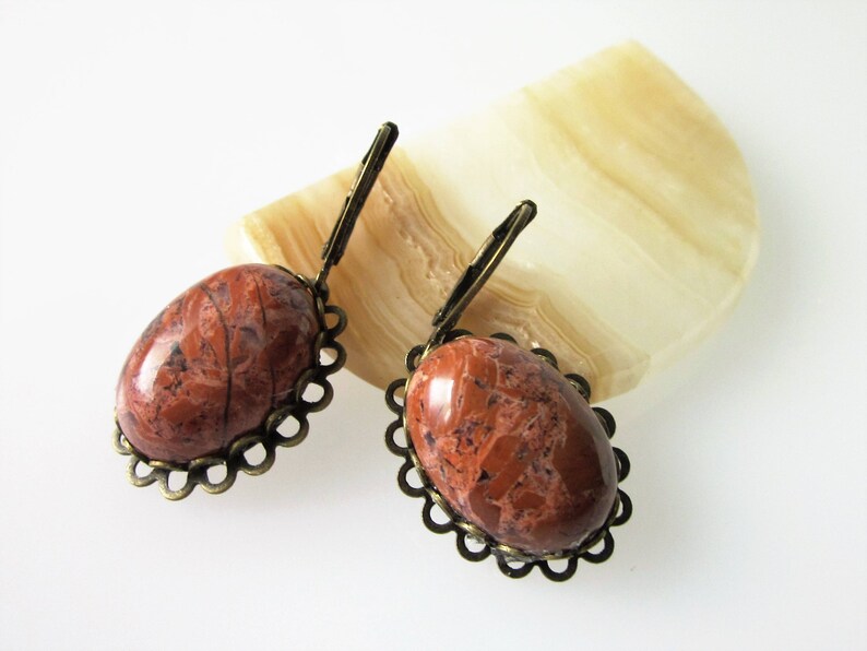 Jasper Earrings, Red Jasper, Gemstone Dangle Earrings, Unique Stone Jewelry, Oval Stone, Antiqued Brass Leverback Ear Wires image 5