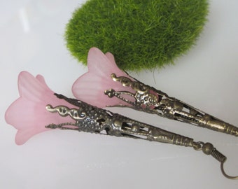 Pink Flower Earrings, Antiqued Brass Filigree, Boho Dangle Earrings, Lucite and Brass, Pink Flower Jewelry