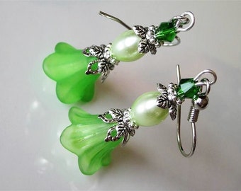 Spring Jewelry, Green Flower Dangle Earrings, Lucite Flower, Spring Green,  St Patricks Day