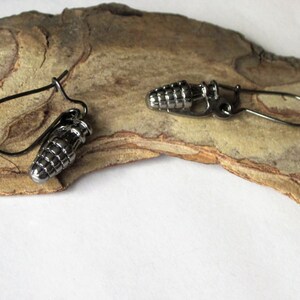 Miniature Hand Grenade Earrings, Medium Black Gunmetal Charm Earrings, Pineapple Hand Grenade, Military Explosive Weapons Earrings image 3