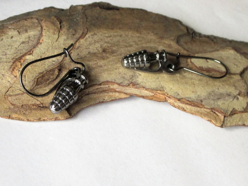 Miniature Hand Grenade Earrings, Medium Black Gunmetal Charm Earrings, Pineapple Hand Grenade, Military Explosive Weapons Earrings image 3