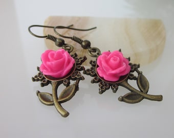 Pink Rose Earrings, Garden Flower, Hot Pink Flower, Antiqued Bronze, Flower Shape, Victorian Jewelry Cabochon