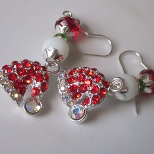 Christmas Earrings, Santa Hat Dangle Earrings, Holiday Jewelry, Red Beaded Holiday Earrings, Red Rhinestone Christmas Dangle image 4