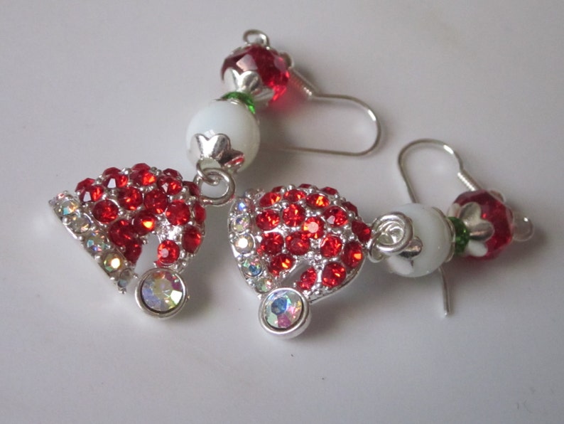 Christmas Earrings, Santa Hat Dangle Earrings, Holiday Jewelry, Red Beaded Holiday Earrings, Red Rhinestone Christmas Dangle image 4