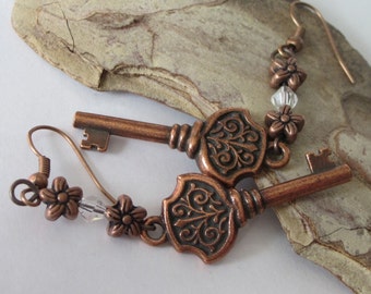 Copper Key Earrings, Metal Key, Long Dangle Earrings, Large Skeleton Key, Dangling Designs, Skeleton Key Earrings