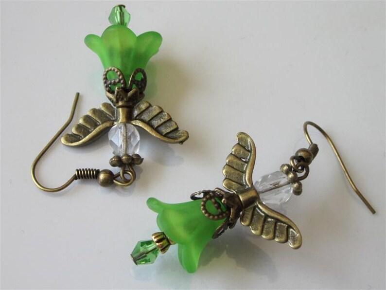 Green Fairy Earrings, Lucite Flower Dangle, Garden Fairy, Handmade Jewelry, Fae Earrings, Sprint, Flower Jewelry, Woodland Wee Folk image 2