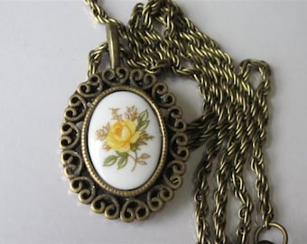 Gift Necklace, Bridesmaid Gift, Porcelain Pendant Necklace, Yellow Rose Cameo, Victorian Antiqued Brass Wedding