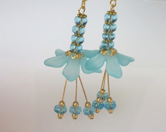 Blue Flower Crystal Dangle Earrings, Aquamarine Cascading Lily Earrings, March Birthday, Spring Flower Earrings