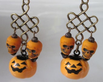 Halloween Pumpkin Earrings, Orange and Black Jack-O-Lantern, Pumpkin Bells, Dangling Skulls