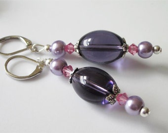 Amethyst Crystal Earrings, Modern Purple Glass Earrings, Oval Shaped, Silver Leverback