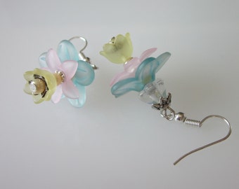 Pastel Flower Earrings, Soft Pink Yellow and Blue Dangle, Small Floral Dangle, Gift for Her, New Mother