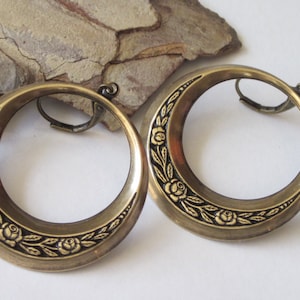 Brass Hoop Earrings, Metal Dangle Earring, Black and Antiqued Gold Rose Donut, Brass Metal Hoop, Womens Jewelry