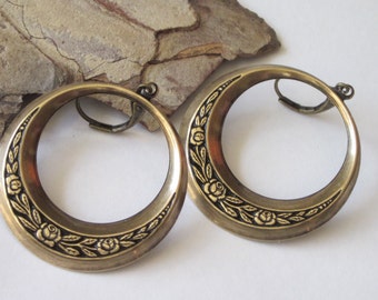 Brass Hoop Earrings, Metal Dangle Earring, Black and Antiqued Gold Rose Donut, Brass Metal Hoop, Womens Jewelry