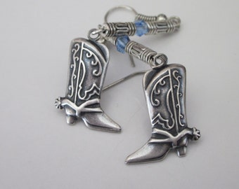 Cowboy Boot Earrings, Antiqued Silver Western Dangle Earrings, Southwestern Boot, Brass Metal Stampings, Shoe Jewelry
