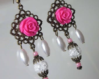 Pink Rose Earrings, Garden Flower Earrings, Victorian Filigree Chandelier, Bright Pink,  Rock Quartz