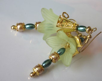 Lucite Flower Earrings, Beaded Yellow Green Lily Flower Dangle, Light Golden Pearl Fantasy Flower, Gold Filigree