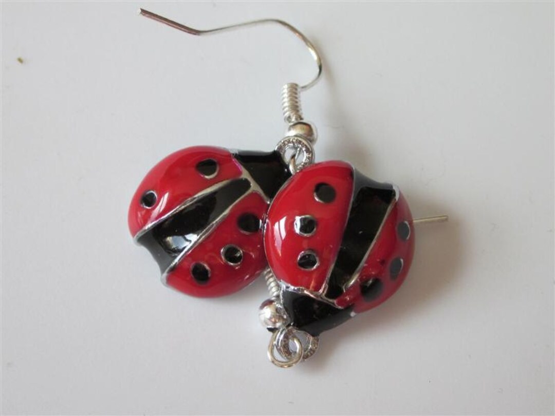 Ladybug Earrings, Ladybug Jewelry, Enameled Red and Black Insect, Rhodium, Bug, Summer Jewelry