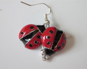 Ladybug Earrings, Ladybug Jewelry, Enameled Red and Black Insect, Rhodium, Bug, Summer Jewelry