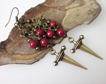 Bohemian Brass Earrings, Dagger Earrings, Weapon Jewelry, Gothic Sword, Boho Long Earrings