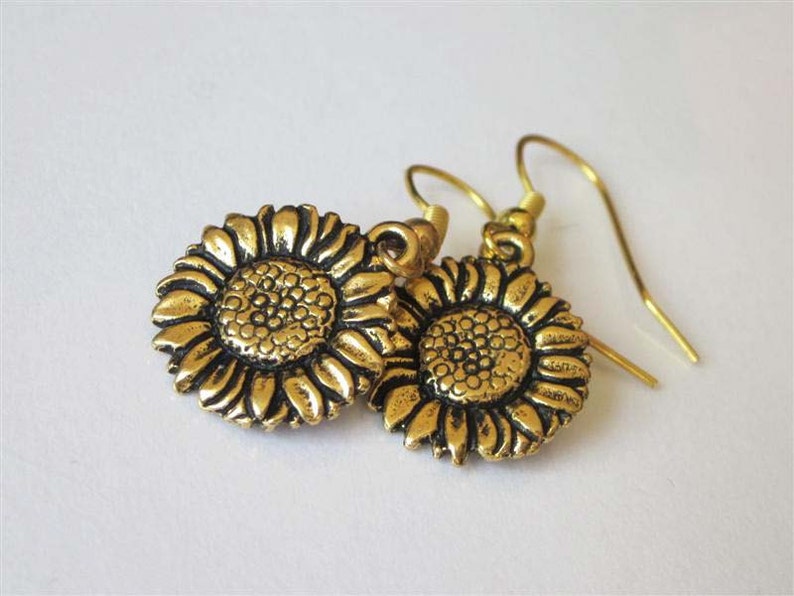 Small Metal Earrings Small Drop Earrings Garden Flower Earrings Womens Jewelry Antiqued Gold Sunflower Earrings Flower Jewelry