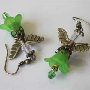 Green Fairy Earrings, Lucite Flower Dangle, Garden Fairy, Handmade Jewelry, Fae Earrings, Sprint, Flower Jewelry, Woodland Wee Folk image 3