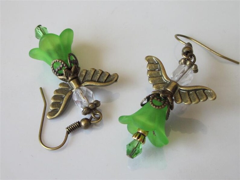 Green Fairy Earrings, Lucite Flower Dangle, Garden Fairy, Handmade Jewelry, Fae Earrings, Sprint, Flower Jewelry, Woodland Wee Folk image 3