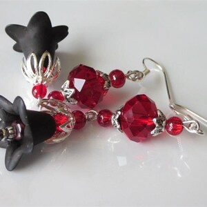 Goth Wedding Earrings, Blood Red Glass, Black Lucite Flower, Goth Chandelier, Red and Black image 3