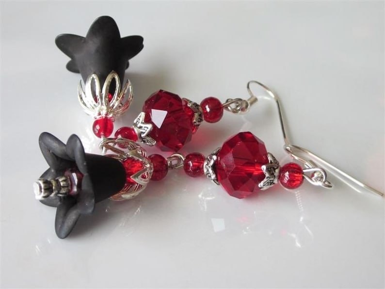 Goth Wedding Earrings, Blood Red Glass, Black Lucite Flower, Goth Chandelier, Red and Black image 3