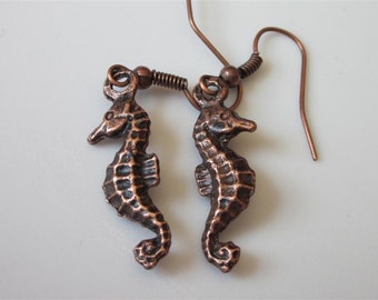 Seahorse Earrings, Antiqued Copper Metal Sea Horse, Solid Metal Drop, Beach Jewelry, Small Summer Dangle