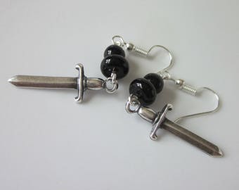 Mens Dangle Earrings, Weapon Jewelry, Sword Earrings, Medieval Gothic Sword, Black Onyx Earrings, Unisex Jewelry