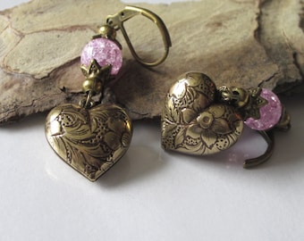Heart Earrings, Antiqued Gold Victorian Puff Heart, Brass Metal Earring Jewelry, Romance Jewelry, Pink Rock Quartz Gemstone