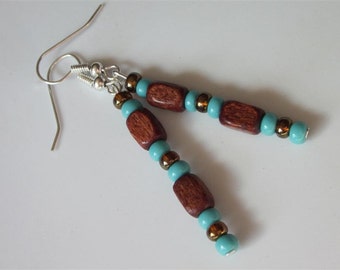 Southwest Earrings, Red Wood and Blue Turquoise Beads, Tribal, Lightweight Small Dangle, Mens Jewelry