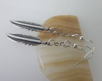 Metal Feather Earrings, Medium Silver Feather, Mens Dangle Earrings, Tribal Jewelry, Fish Hook Ear Wire, Long Dangle, Unisex Earrings