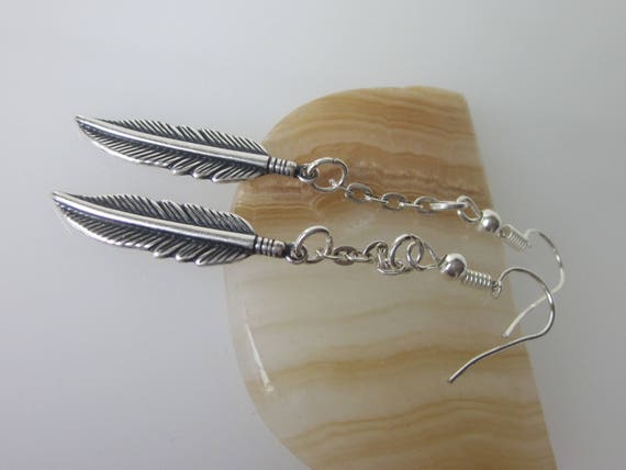 Metal Feather Earrings, Medium Silver Feather, Mens Dangle