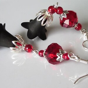 Goth Wedding Earrings, Blood Red Glass, Black Lucite Flower, Goth Chandelier, Red and Black image 4