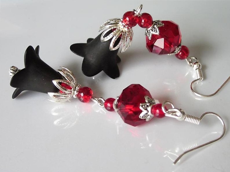 Goth Wedding Earrings, Blood Red Glass, Black Lucite Flower, Goth Chandelier, Red and Black image 4