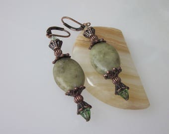 Jade Earrings, Nephrite Jade, Antiqued Copper Filigree Earrings, Stone Dangle, Boho Earring, Green Gemstone Jewelry