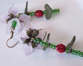 Lucite Flower Earrings, Pastel Pink Daffodil, Green Leaves, Red Lady Bug, Spring Flowers