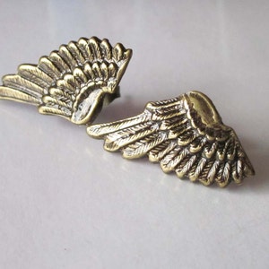 Mens Earrings, Wing Earrings, Angel Wing Stud, Antiqued Gold, Brass Metal, Post Earrings, Unisex Jewelry, Small Wings image 4