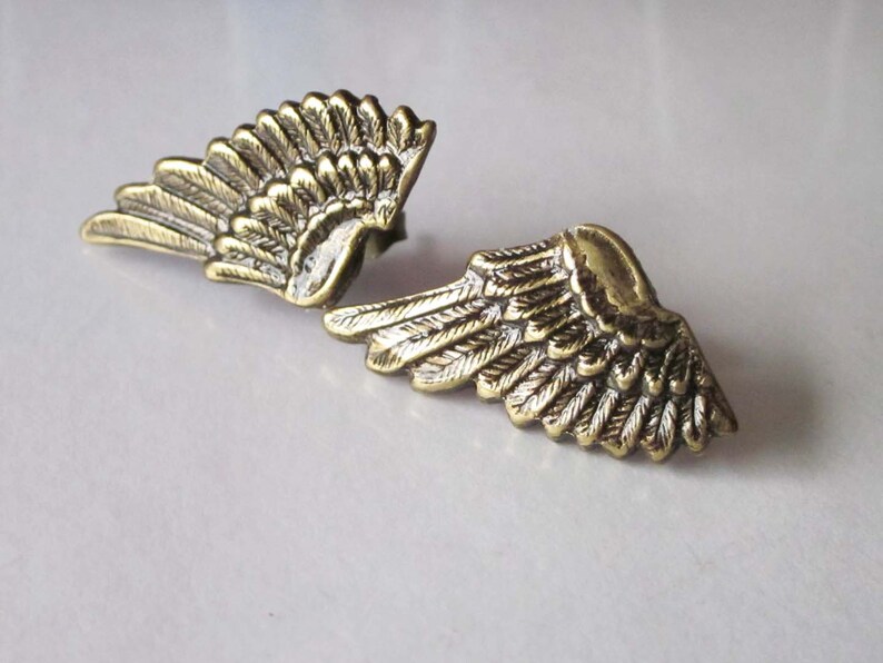 Mens Earrings, Wing Earrings, Angel Wing Stud, Antiqued Gold, Brass Metal, Post Earrings, Unisex Jewelry, Small Wings image 4
