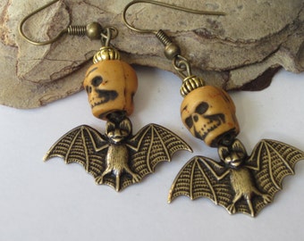 Vampire Bat Earrings, Vampire Jewelry, Goth Jewelry, Antiqued Bronze, Brass Metal, Halloween, Unisex Men's Dangle Earrings